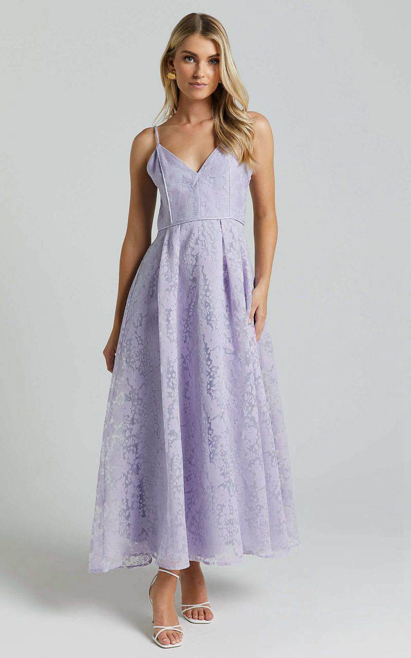 Showpo Philine Midi Dress - Jacquard Plunge Fit And Flare Dress Lilac | ZKUFJS258