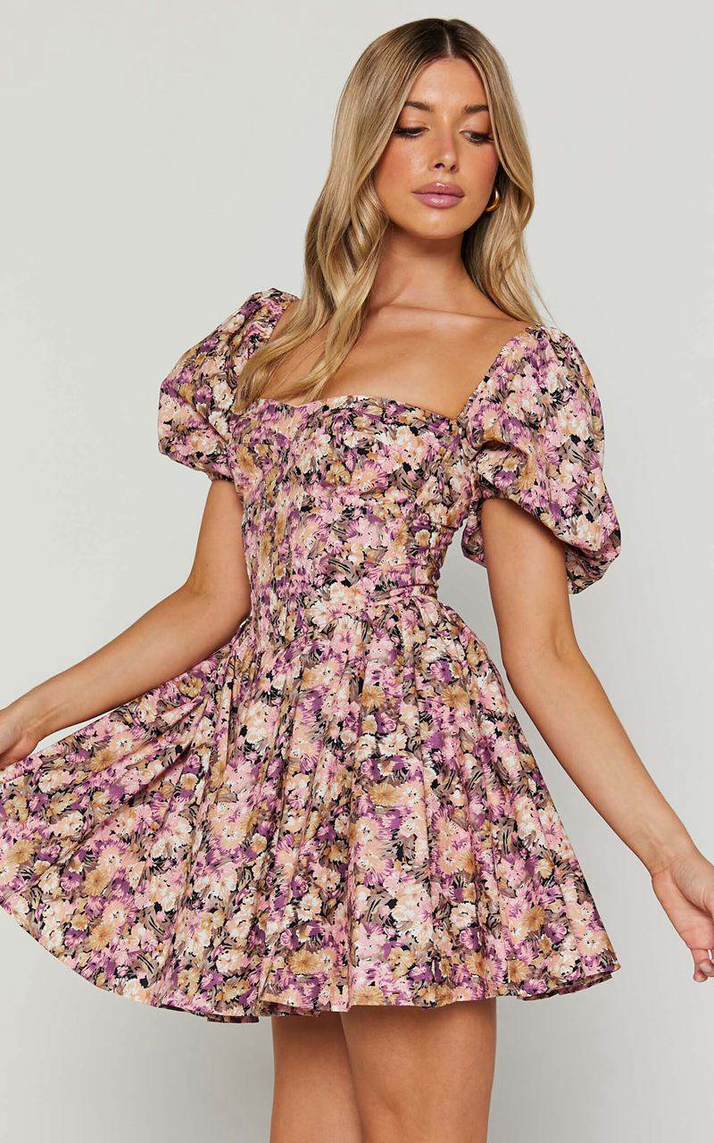 Showpo Phorchia Mini Dress - Fit And Flare Puff Sleeve Corset Dress Noir Fleur Print | KLZDER918