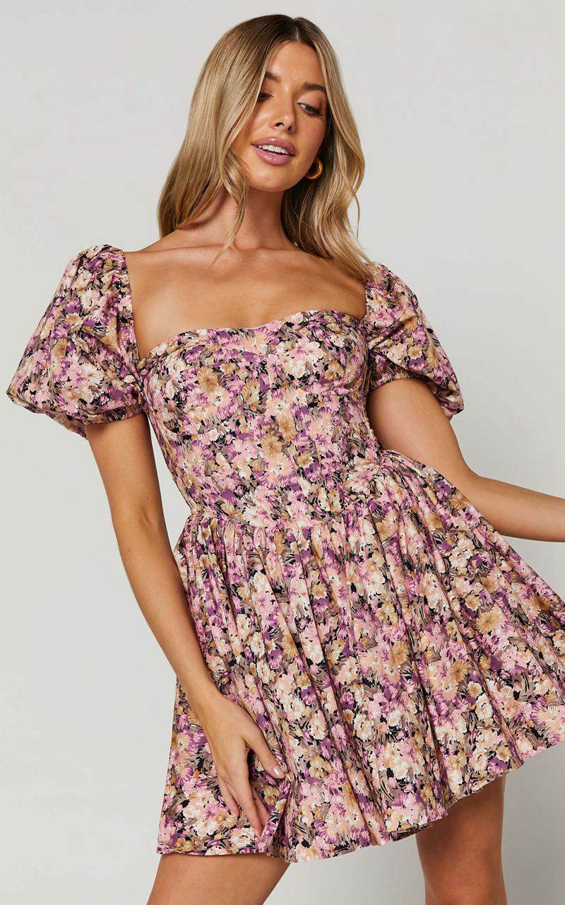 Showpo Phorchia Mini Dress - Fit And Flare Puff Sleeve Corset Dress Noir Fleur Print | KLZDER918