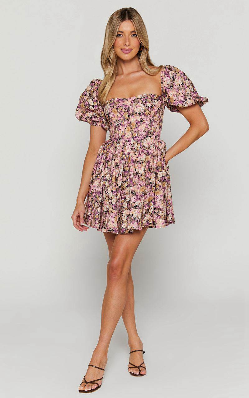 Showpo Phorchia Mini Dress - Fit And Flare Puff Sleeve Corset Dress Noir Fleur Print | KLZDER918