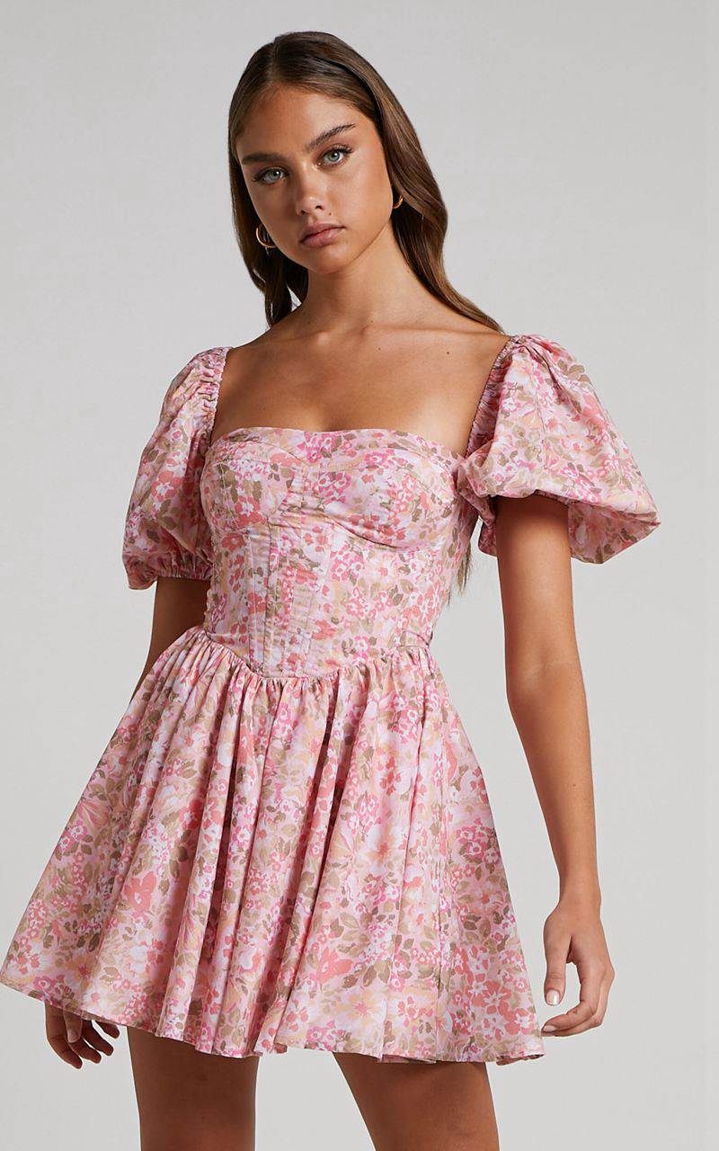 Showpo Phorchia Mini Dress - Fit And Flare Puff Sleeve Corset Dress Fleur Print | GSOXLW706