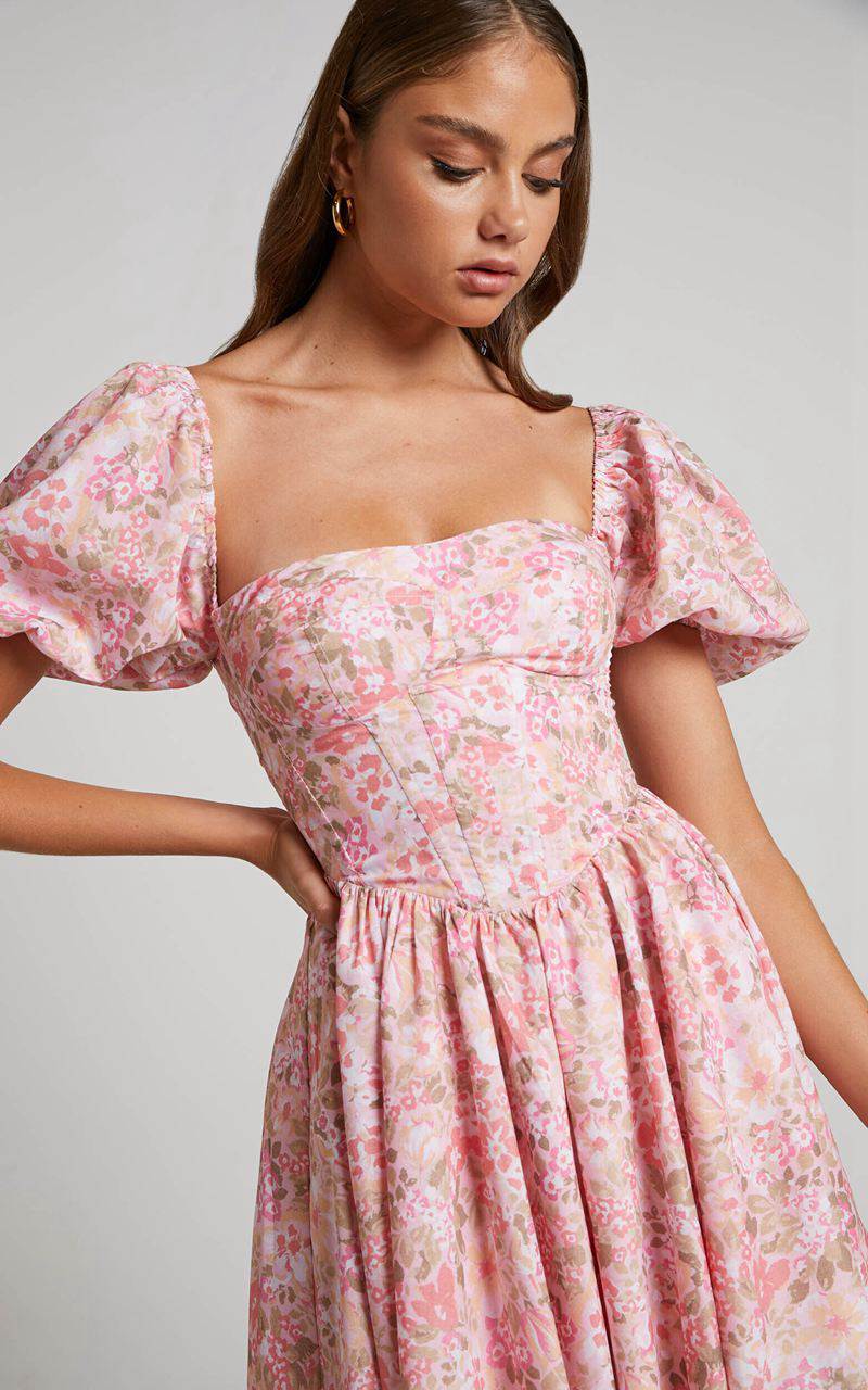 Showpo Phorchia Mini Dress - Fit And Flare Puff Sleeve Corset Dress Fleur Print | GSOXLW706