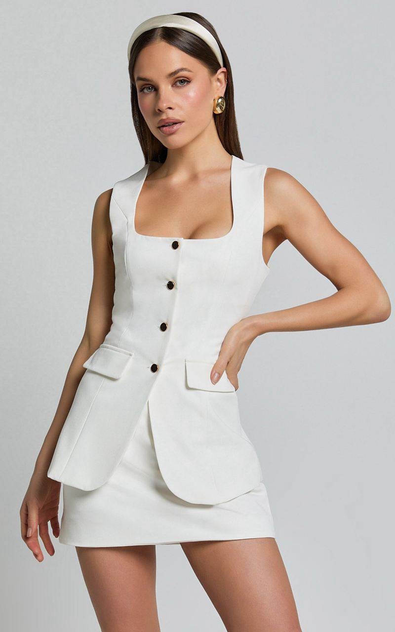 Showpo Phyllis Two Piece Set - Tailored Scoop Neck Vest Top And A Line Mini Skirt Set White | GFOUPS350