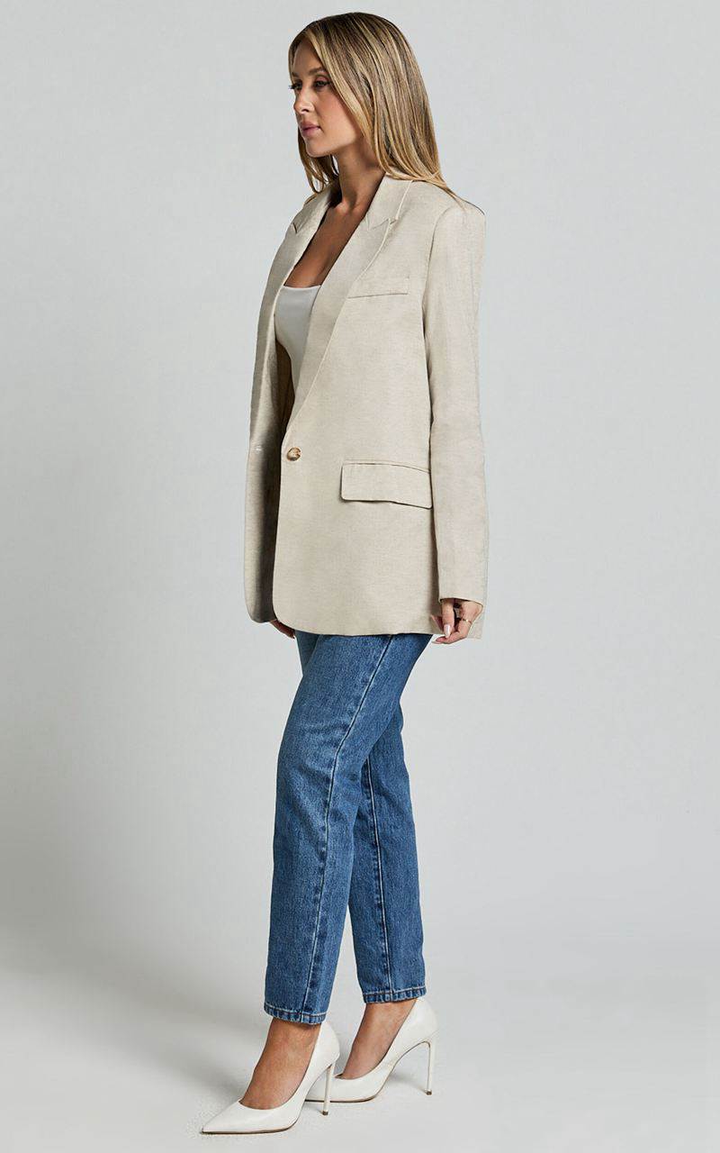 Showpo Pierce Blazer - Linen Look Oversized Single Breasted Blazer Natural | OLDEIT037