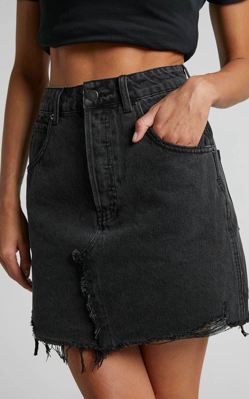 Showpo Pieta Mini Skirt - Recycled Cotton Raw Hem Denim Skirt Washed Black | XBILNU105