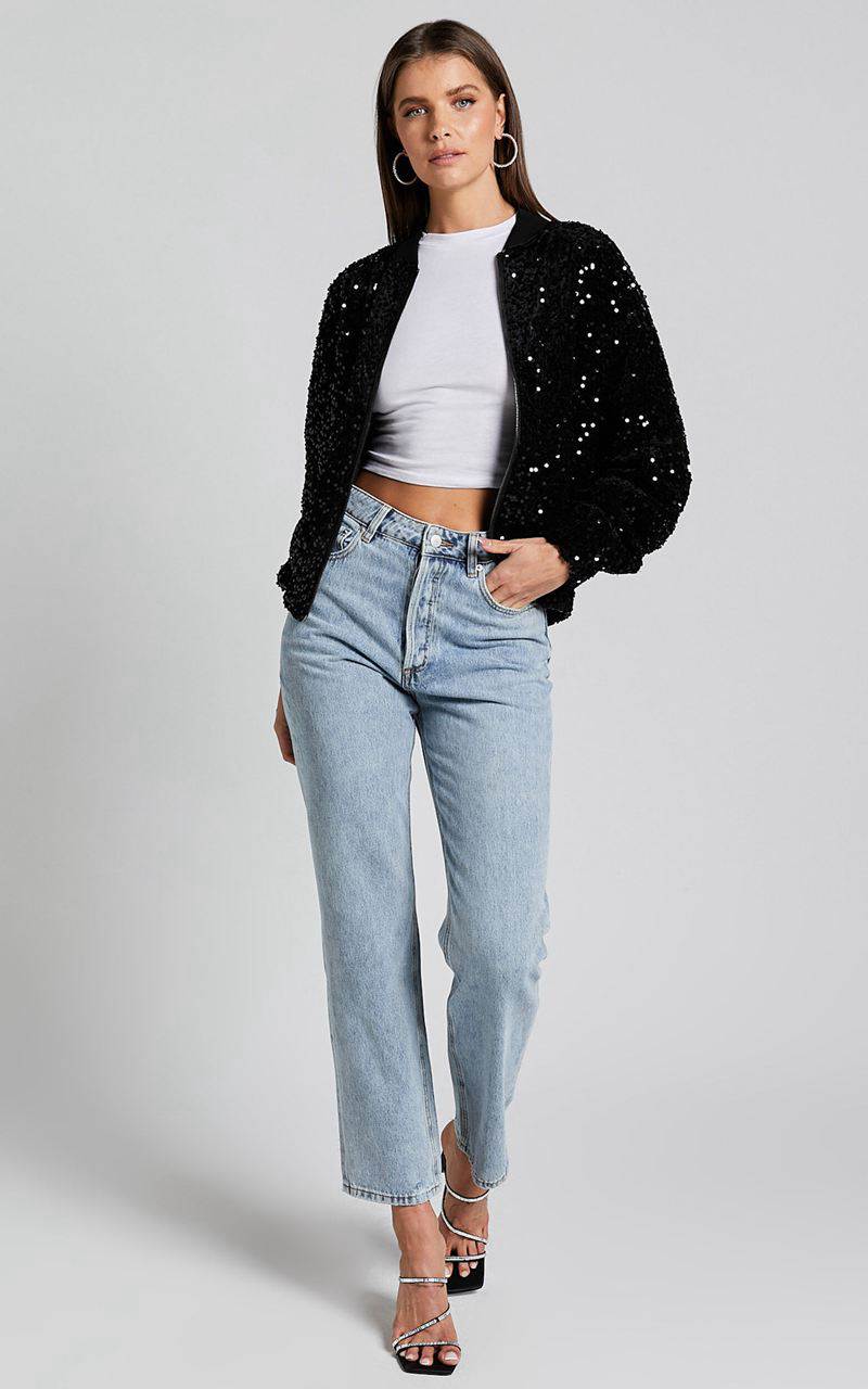 Showpo Poinsettia Jacket - Sequin Bomber Black | WPBIQJ517