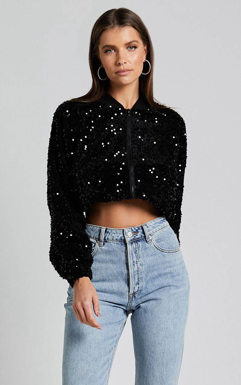 Showpo Poinsettia Jacket - Sequin Bomber Black | WPBIQJ517