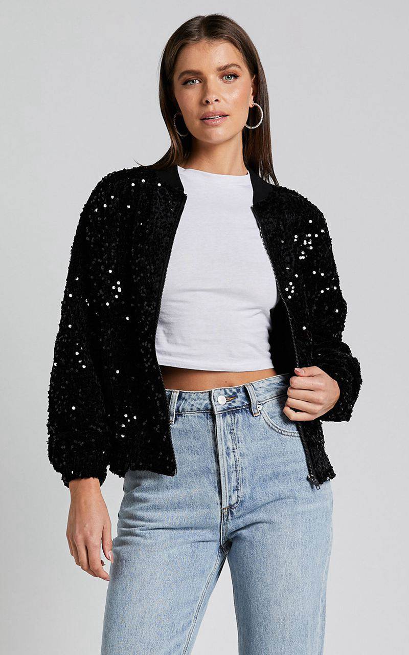 Showpo Poinsettia Jacket - Sequin Bomber Black | WPBIQJ517