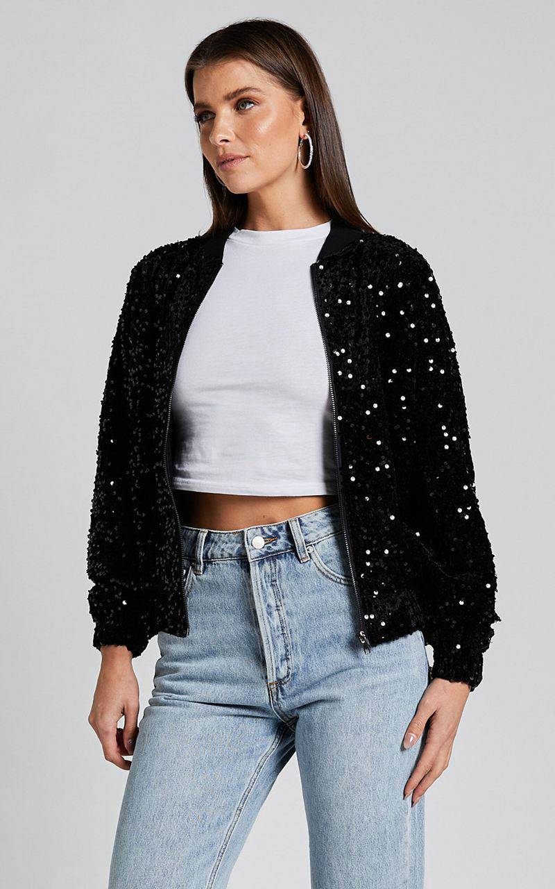 Showpo Poinsettia Jacket - Sequin Bomber Black | WPBIQJ517