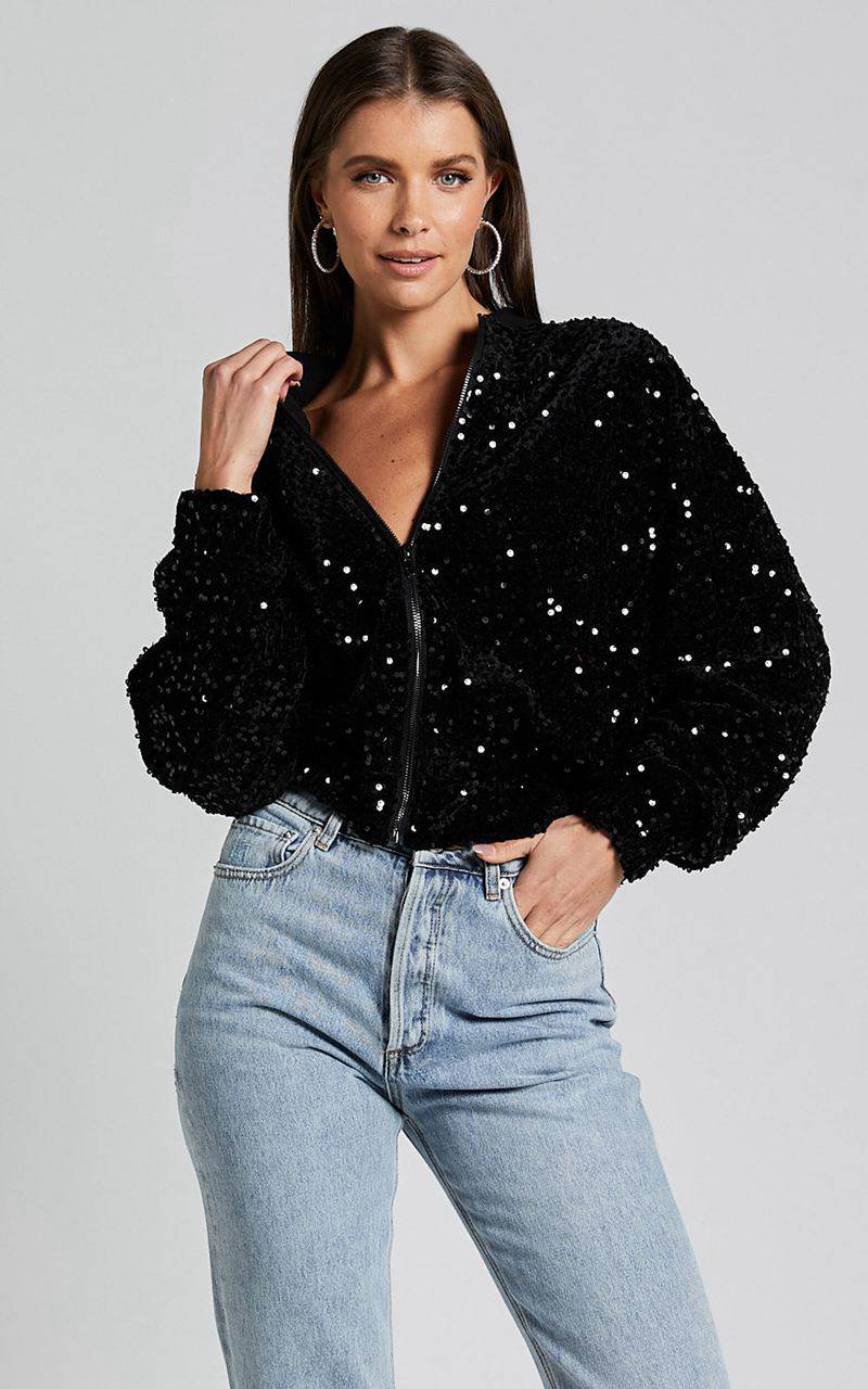 Showpo Poinsettia Jacket - Sequin Bomber Black | WPBIQJ517