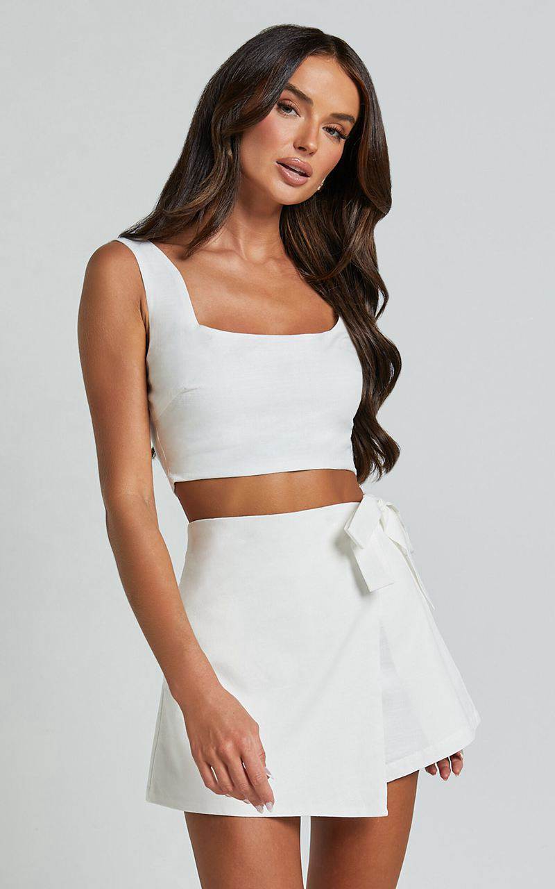 Showpo Polina Two Piece Set - Linen Look Square Neck Crop Top And Tie Waist Skort Set White | GYRIEH870