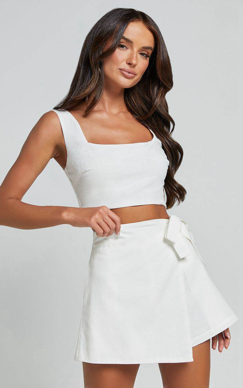 Showpo Polina Two Piece Set - Linen Look Square Neck Crop Top And Tie Waist Skort Set White | GYRIEH870