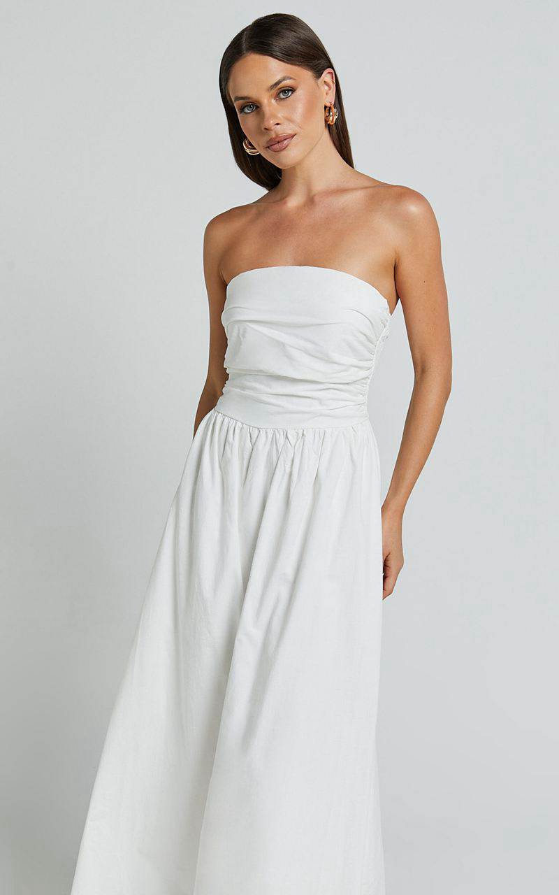 Showpo Polly Midi Dress - Strapless Ruched Dress White | RJAZYW316