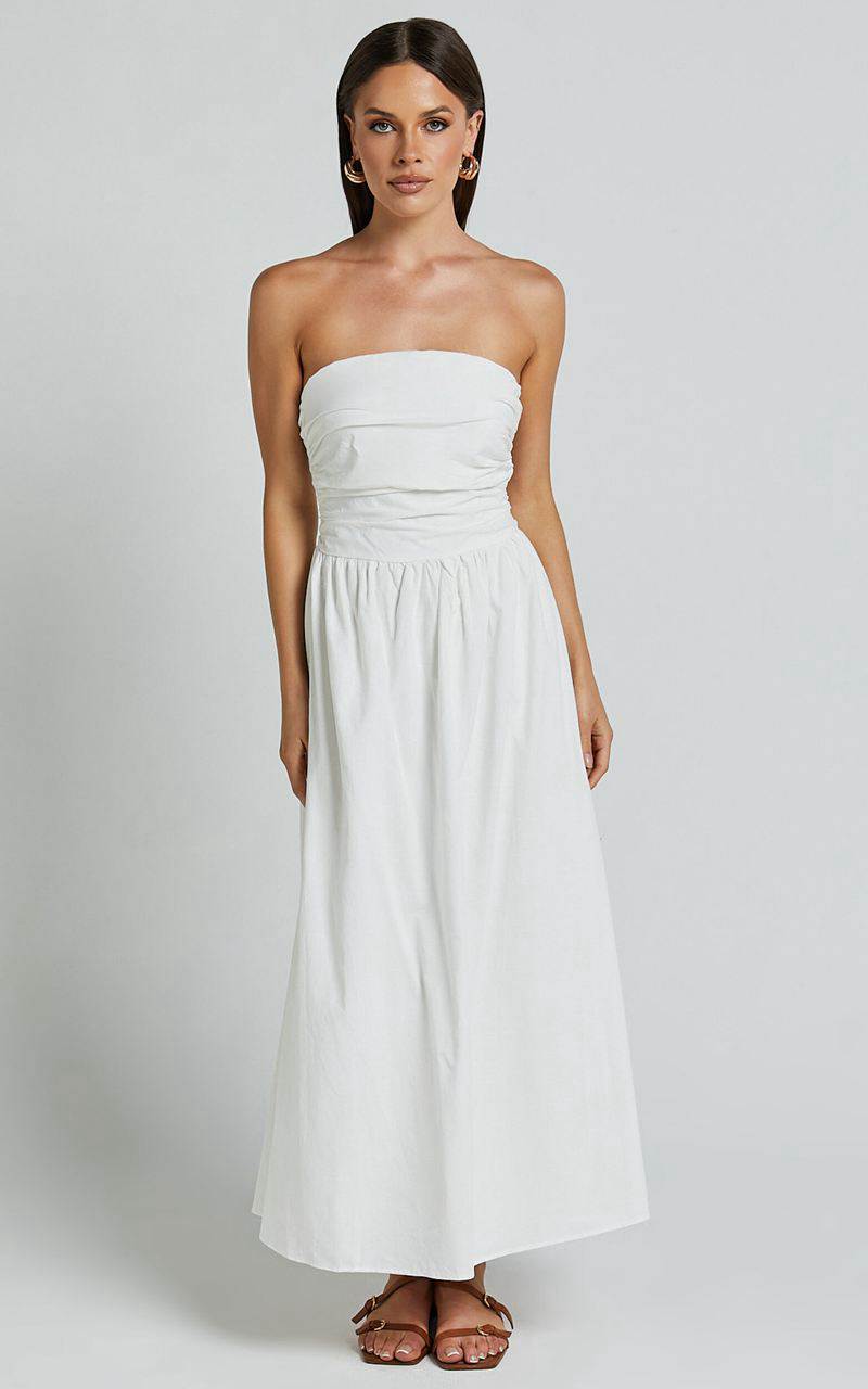 Showpo Polly Midi Dress - Strapless Ruched Dress White | RJAZYW316