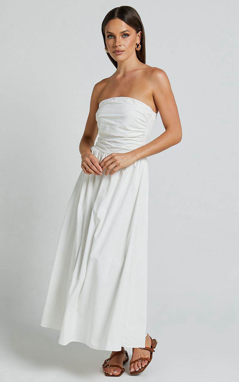 Showpo Polly Midi Dress - Strapless Ruched Dress White | RJAZYW316