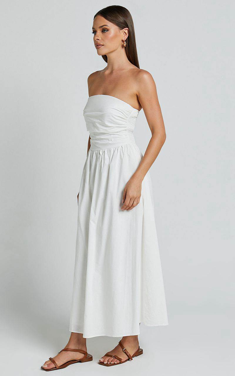 Showpo Polly Midi Dress - Strapless Ruched Dress White | RJAZYW316