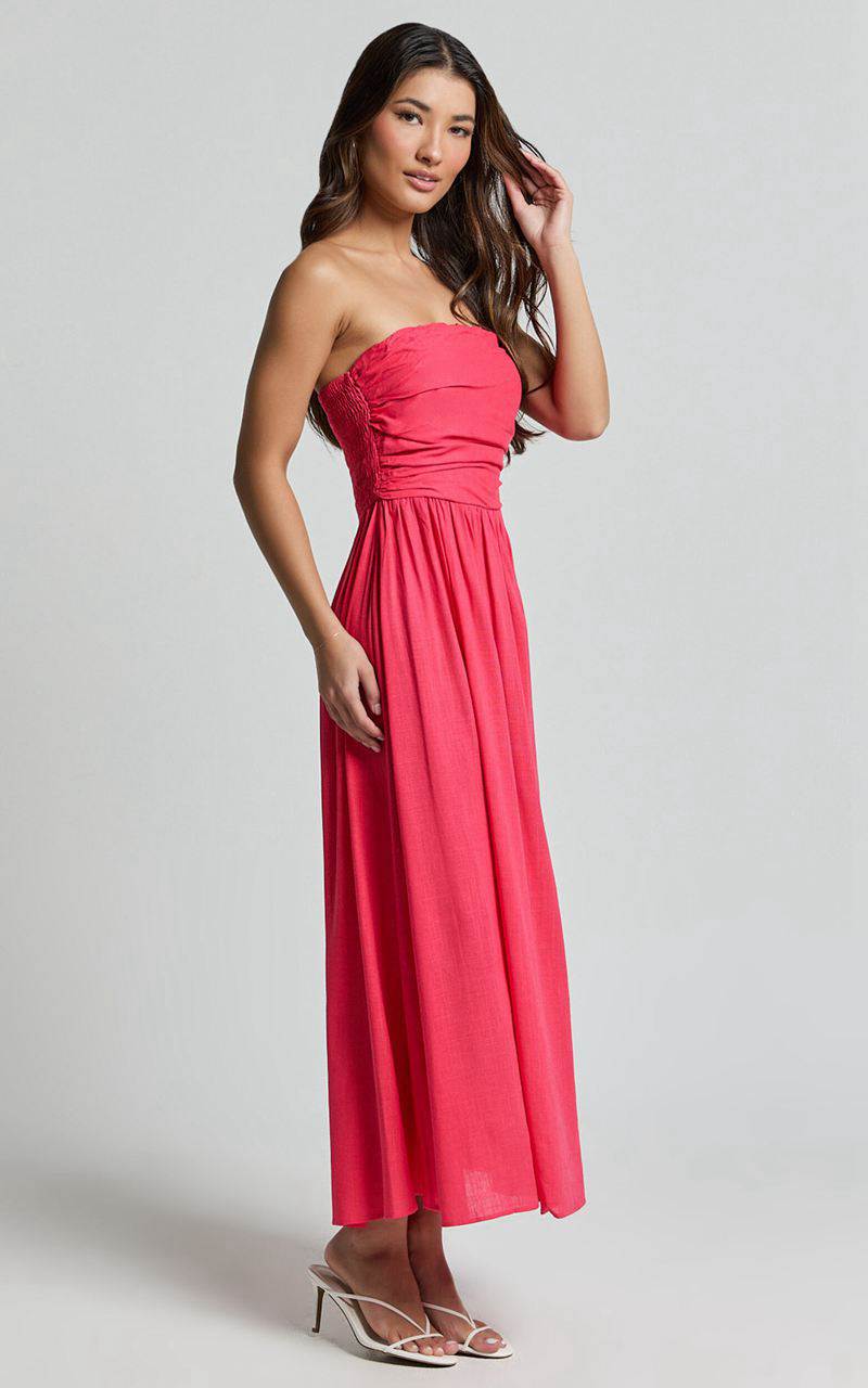 Showpo Polly Midi Dress - Strapless Ruched Dress Lipstick Pink | MNITGQ825