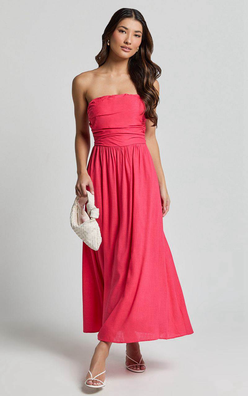 Showpo Polly Midi Dress - Strapless Ruched Dress Lipstick Pink | MNITGQ825