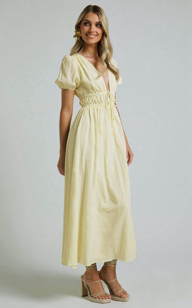 Showpo Portofino Midi Dress - V Neck Puff Sleeve Dress Yellow | UAMFSR653