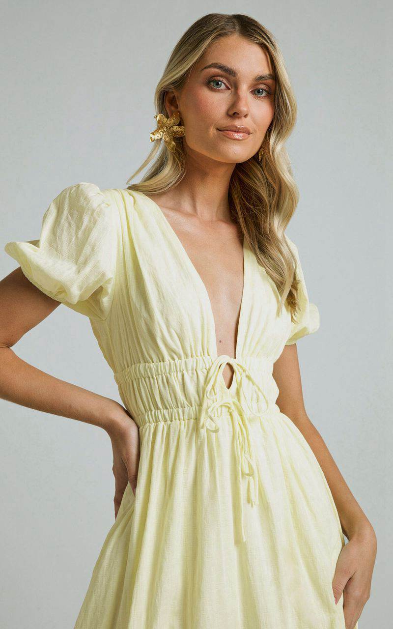 Showpo Portofino Midi Dress - V Neck Puff Sleeve Dress Yellow | UAMFSR653