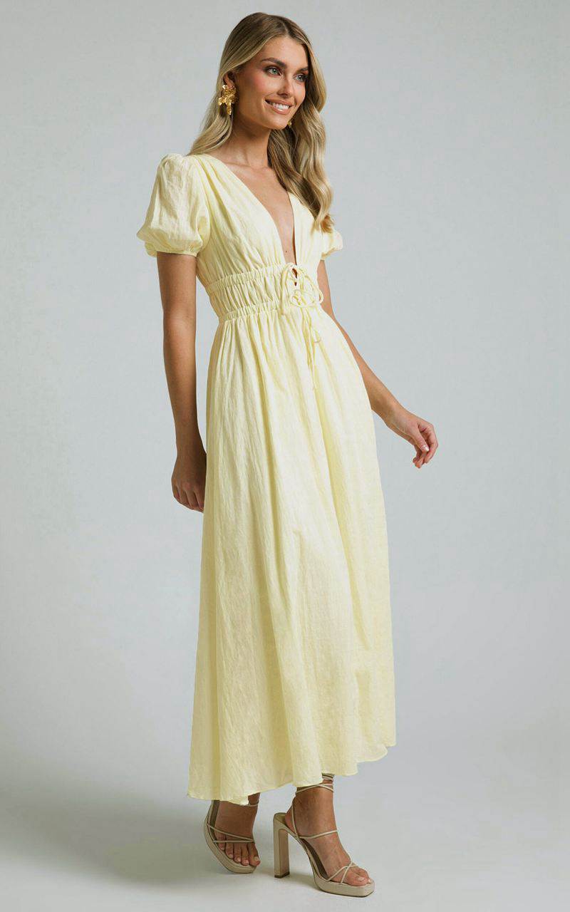 Showpo Portofino Midi Dress - V Neck Puff Sleeve Dress Yellow | UAMFSR653