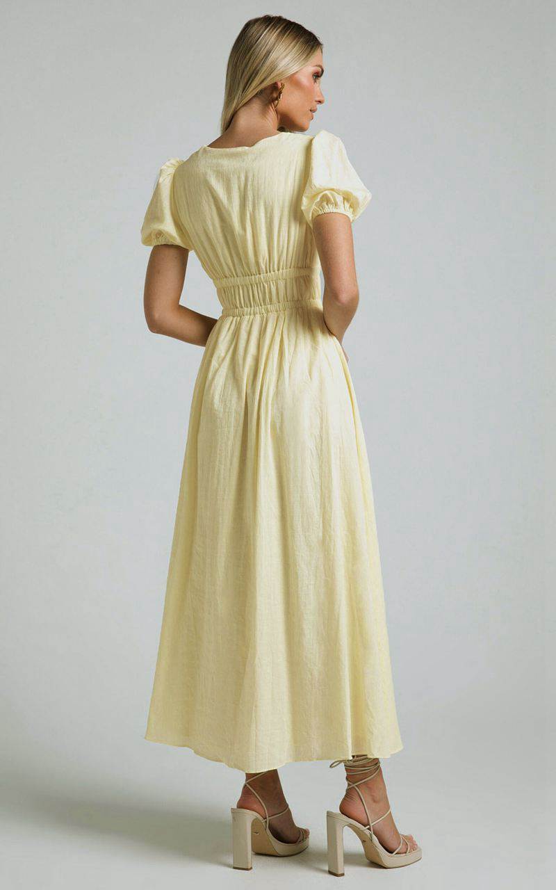 Showpo Portofino Midi Dress - V Neck Puff Sleeve Dress Yellow | UAMFSR653