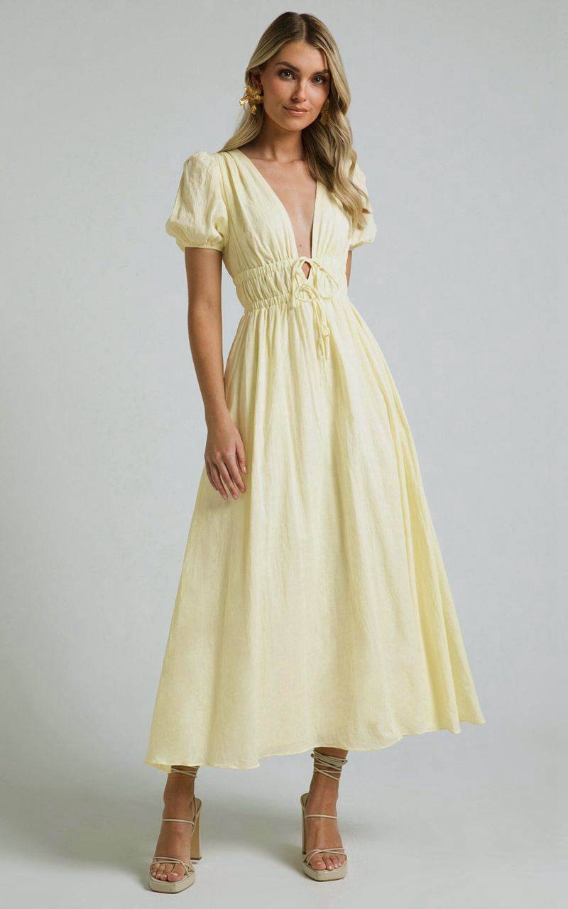 Showpo Portofino Midi Dress - V Neck Puff Sleeve Dress Yellow | UAMFSR653