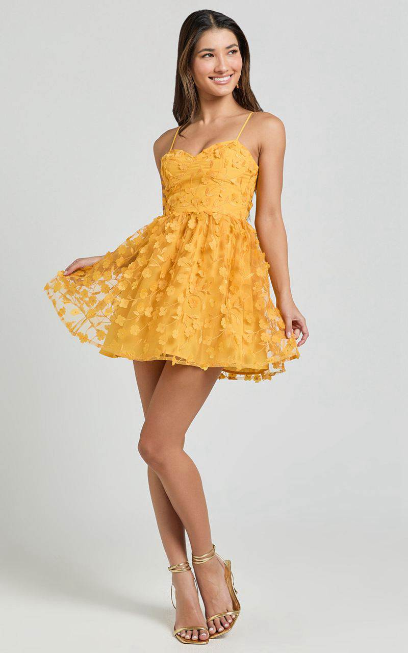 Showpo Prague Mini Dress - Strappy Embroidered Tulle Bustier Dress Marigold | BVEMLW610