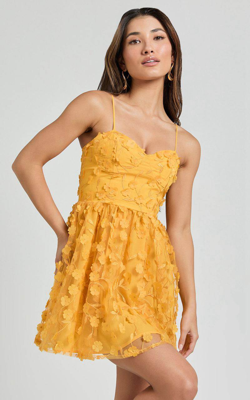 Showpo Prague Mini Dress - Strappy Embroidered Tulle Bustier Dress Marigold | BVEMLW610