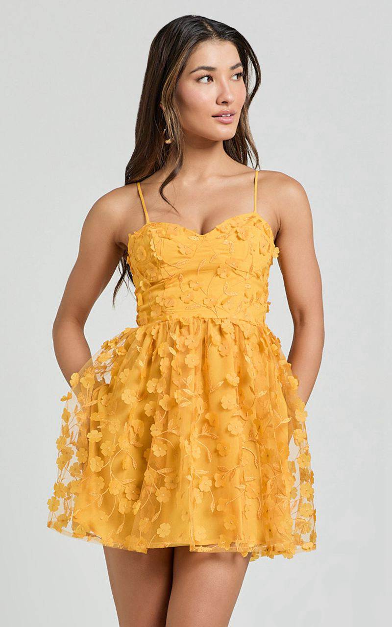 Showpo Prague Mini Dress - Strappy Embroidered Tulle Bustier Dress Marigold | BVEMLW610