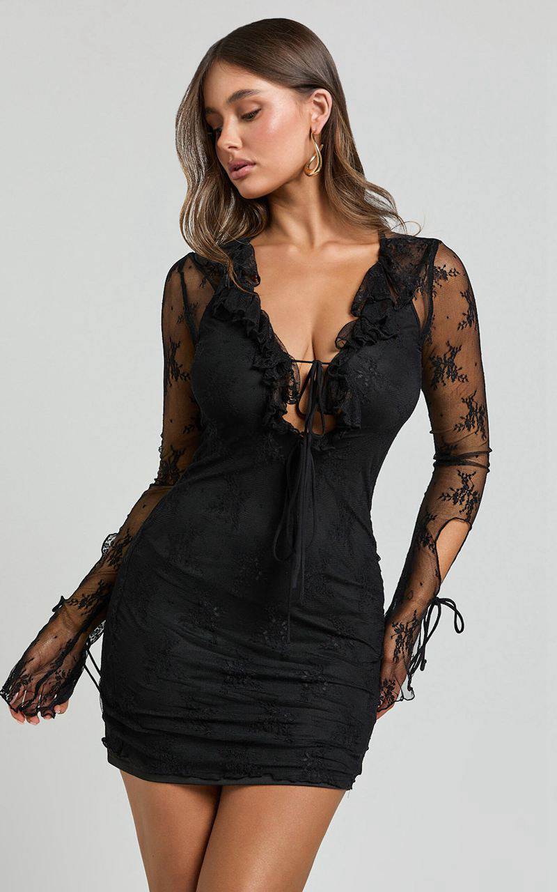 Showpo Presley Mini Dress - Lace Ruffle Plunge Tie Detail Dress Black | KYJETG936