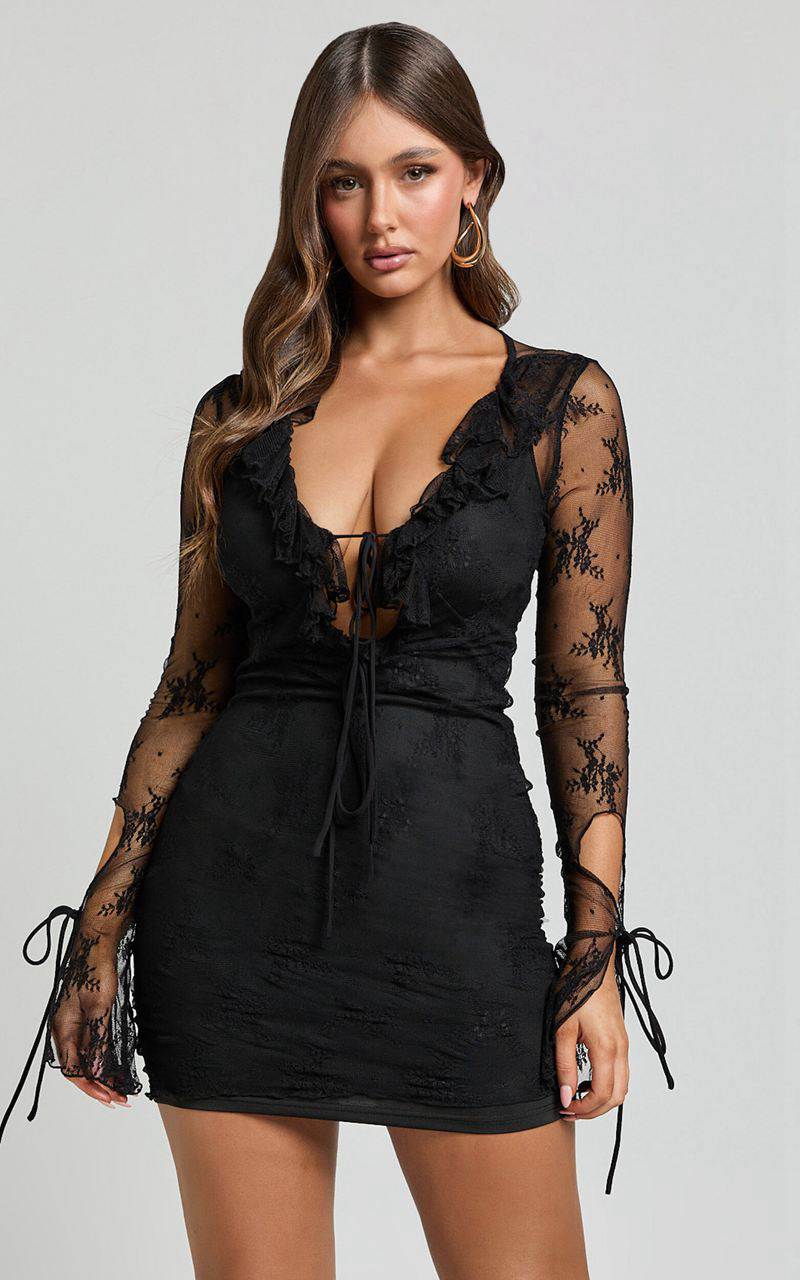 Showpo Presley Mini Dress - Lace Ruffle Plunge Tie Detail Dress Black | KYJETG936