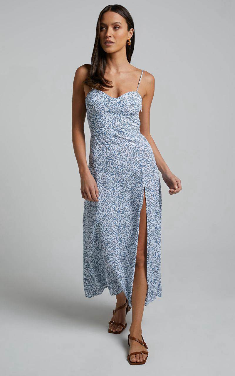 Showpo Prudence Midi Dress - Sweetheart Thigh Split Dress Blue Floral | XRLEMO519