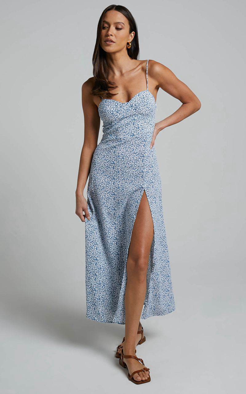 Showpo Prudence Midi Dress - Sweetheart Thigh Split Dress Blue Floral | XRLEMO519