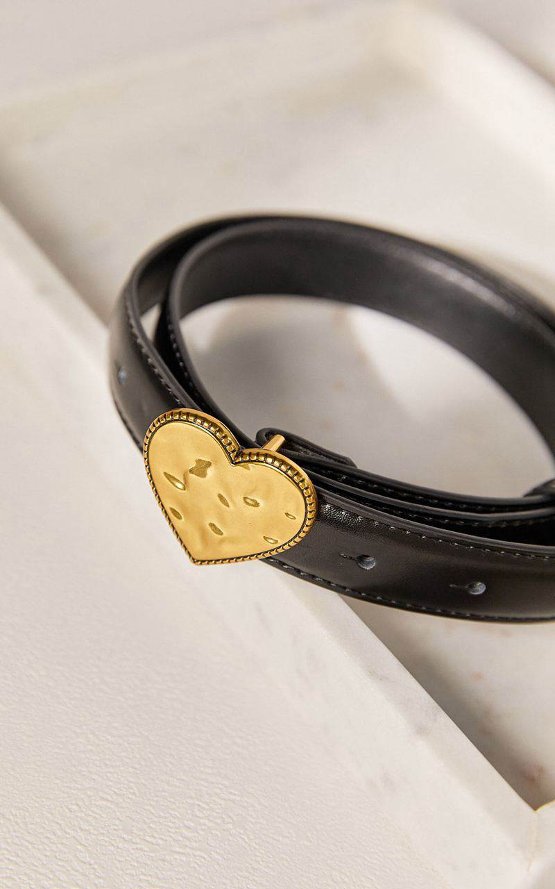 Showpo Quincy Belt - Thin Band Heart Detail Belt Black | MTPQLX805