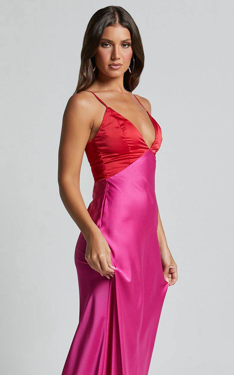 Showpo Quincy Maxi Dress - Contrast Panel Satin Slip Dress Pink Red | OMELHB168