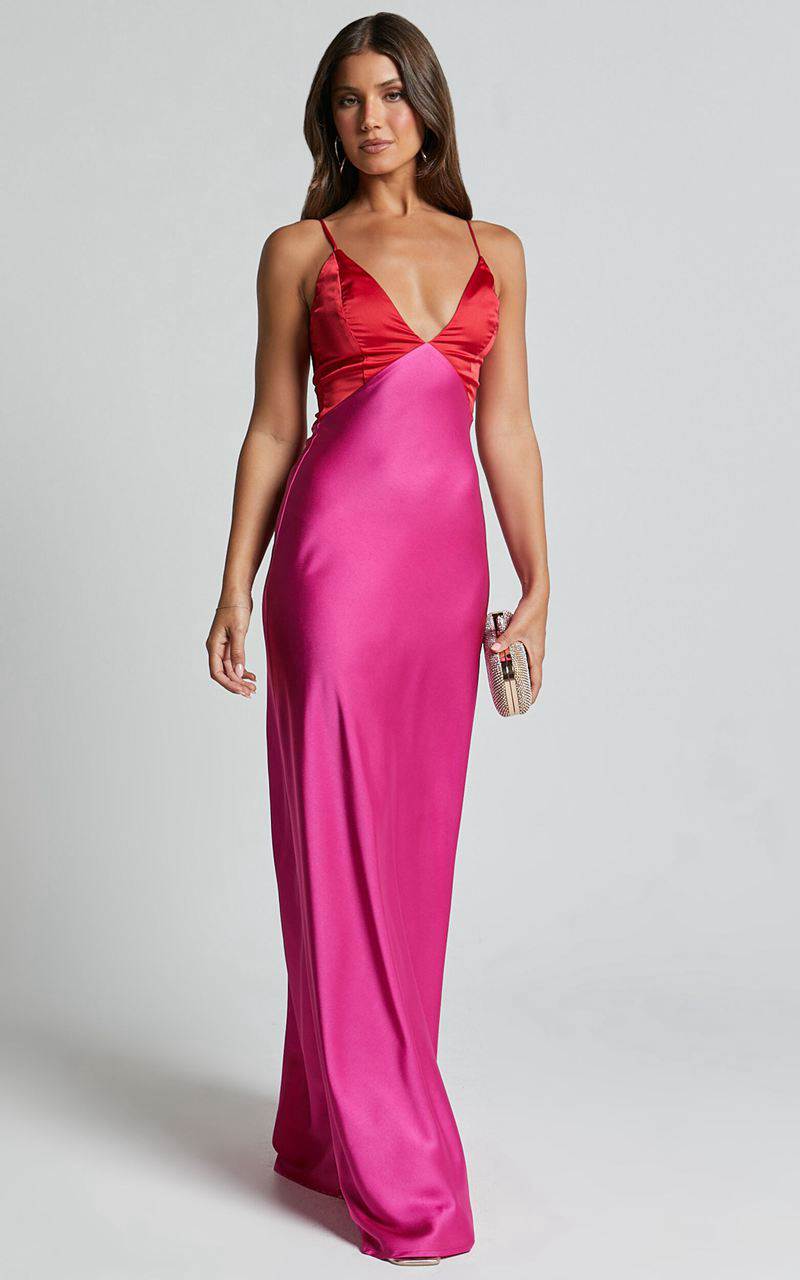 Showpo Quincy Maxi Dress - Contrast Panel Satin Slip Dress Pink Red | OMELHB168