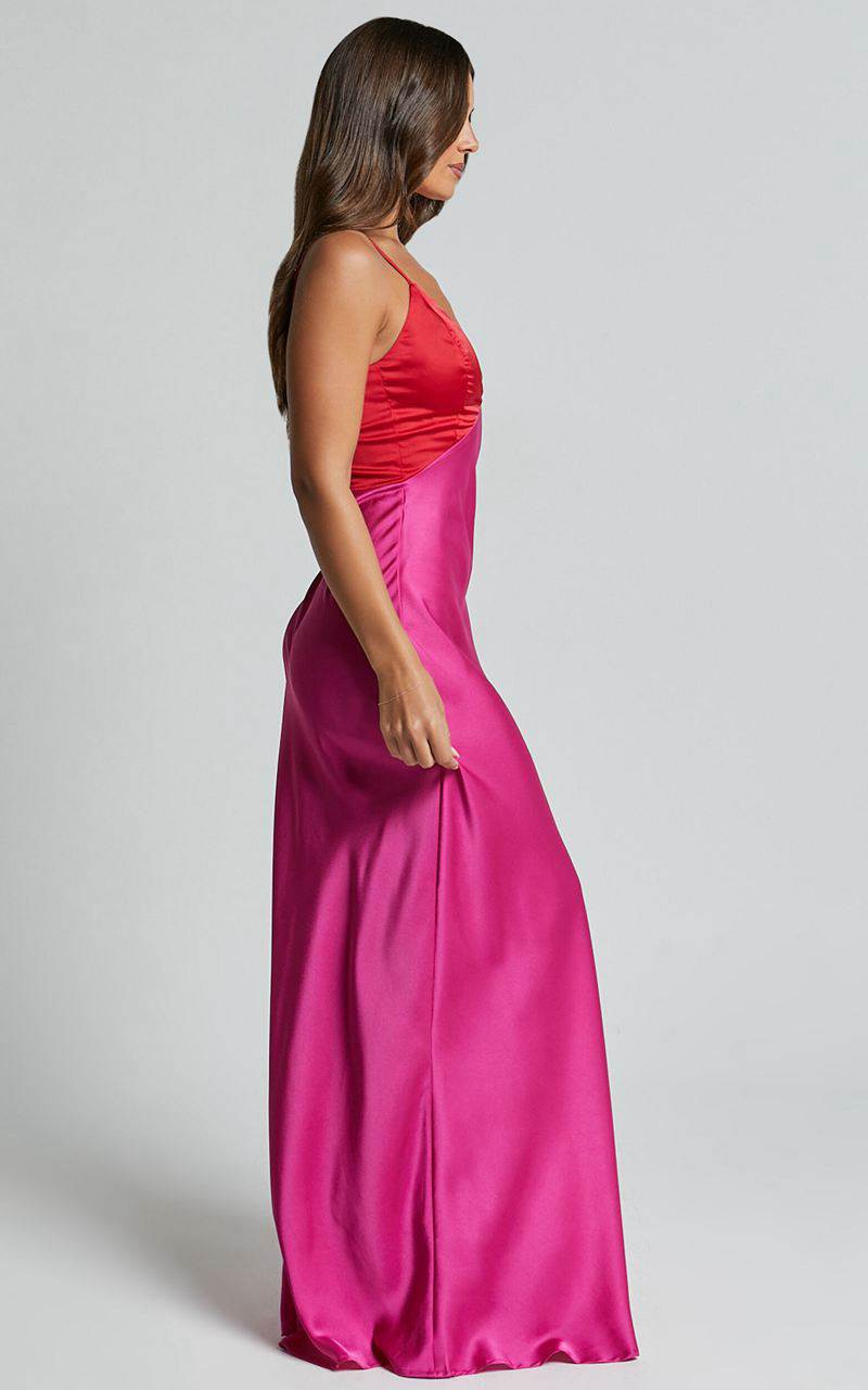 Showpo Quincy Maxi Dress - Contrast Panel Satin Slip Dress Pink Red | OMELHB168