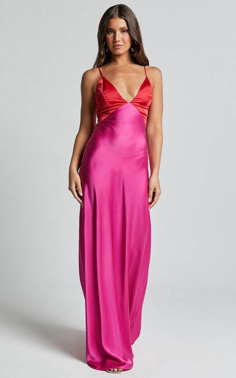 Showpo Quincy Maxi Dress - Contrast Panel Satin Slip Dress Pink Red | OMELHB168