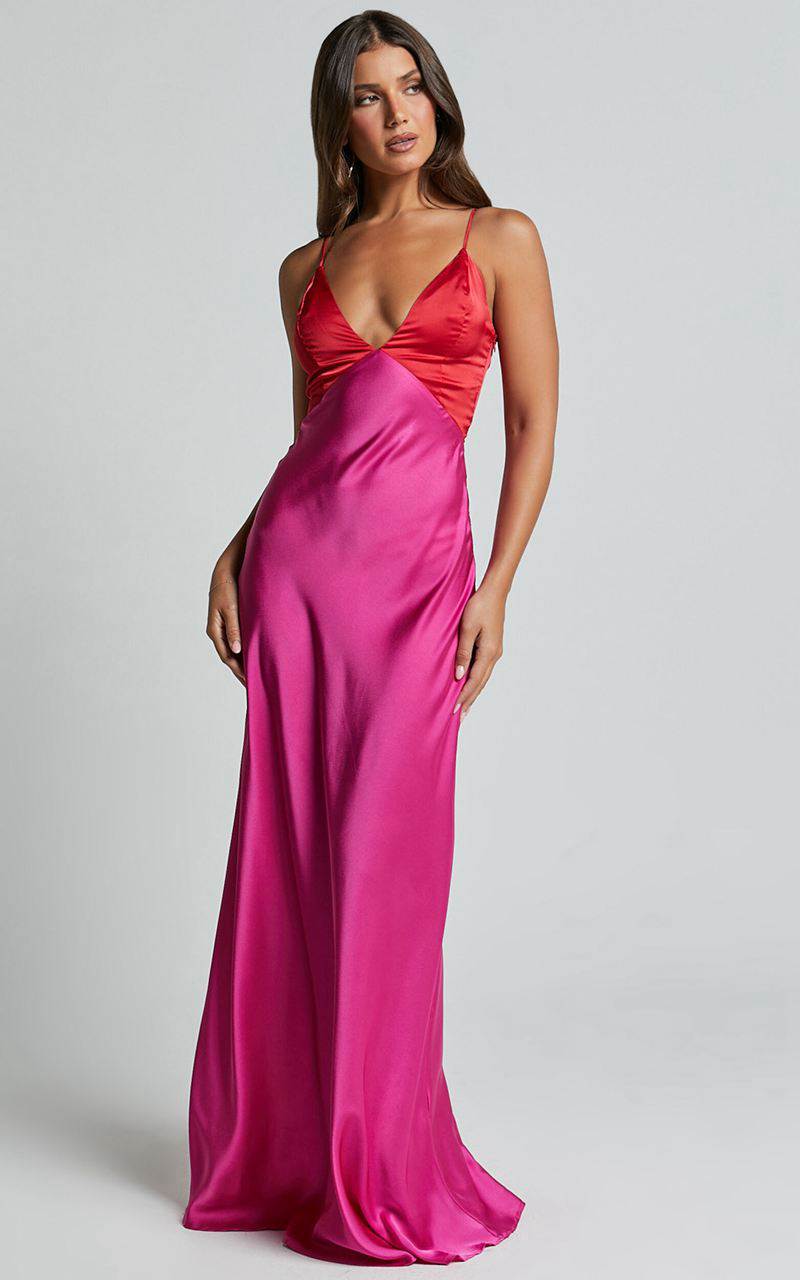 Showpo Quincy Maxi Dress - Contrast Panel Satin Slip Dress Pink Red | OMELHB168