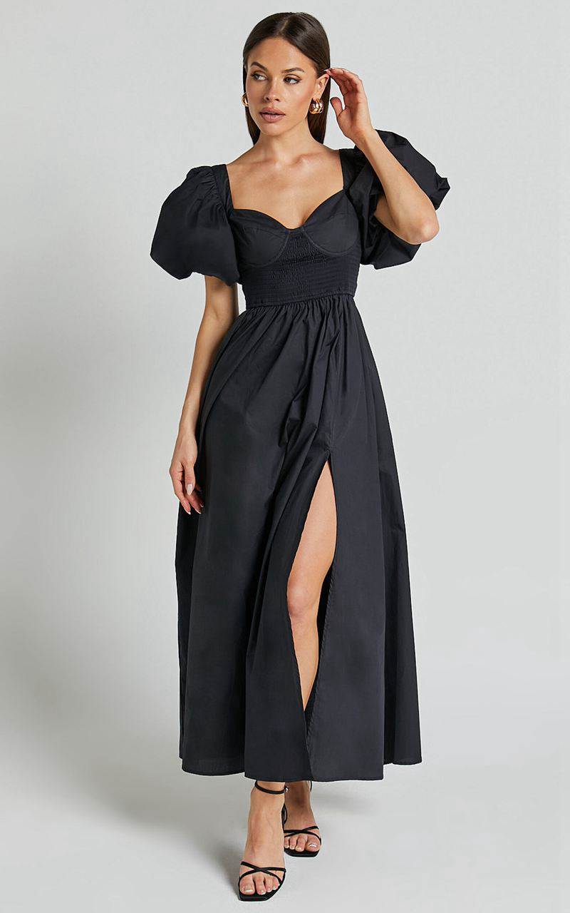 Showpo Raiza Midi Dress - Shirred Waist Puff Sleeve Dress Black | NPIUKE724