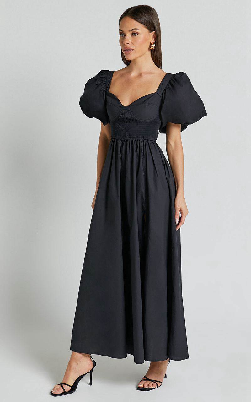 Showpo Raiza Midi Dress - Shirred Waist Puff Sleeve Dress Black | NPIUKE724