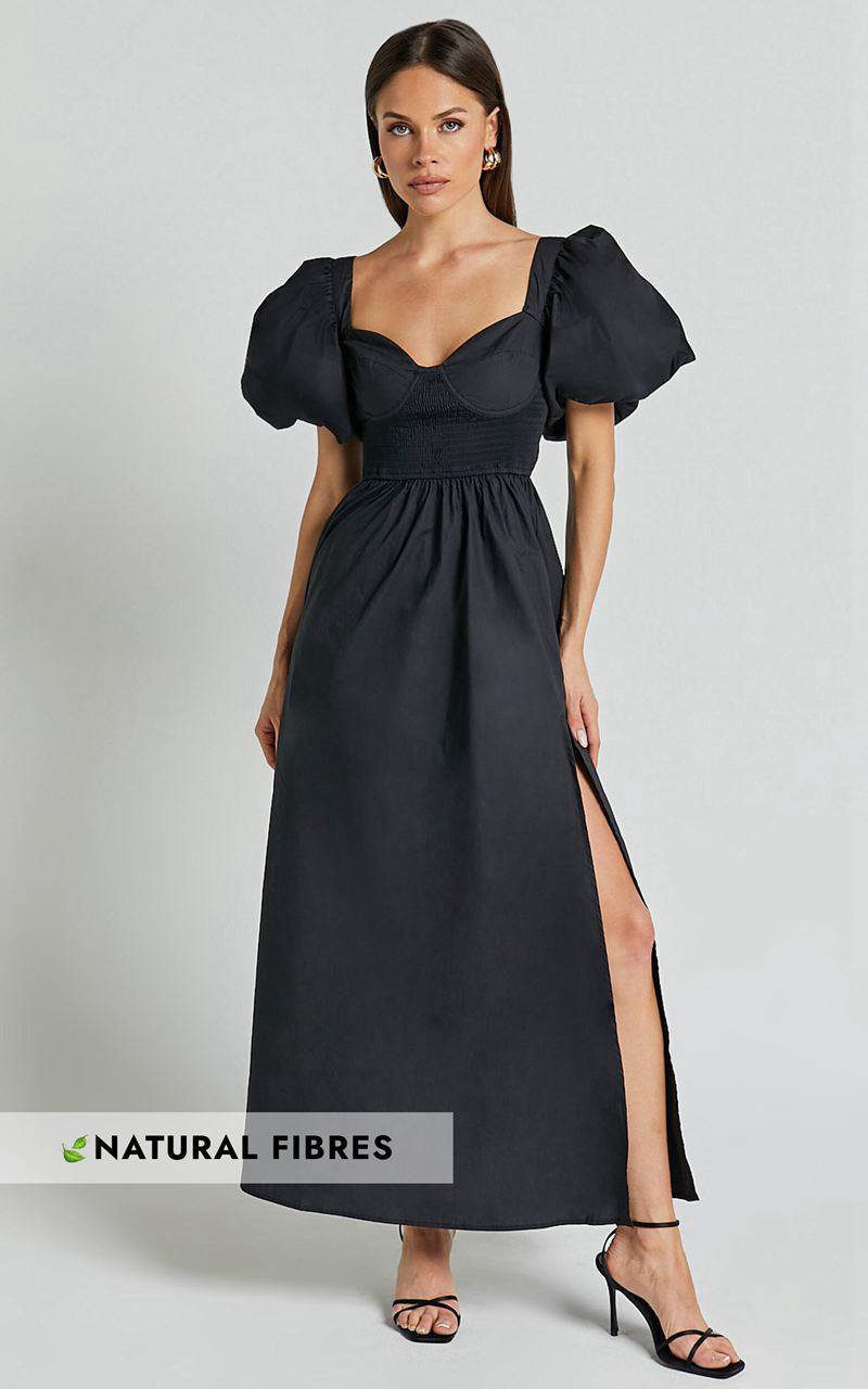 Showpo Raiza Midi Dress - Shirred Waist Puff Sleeve Dress Black | NPIUKE724