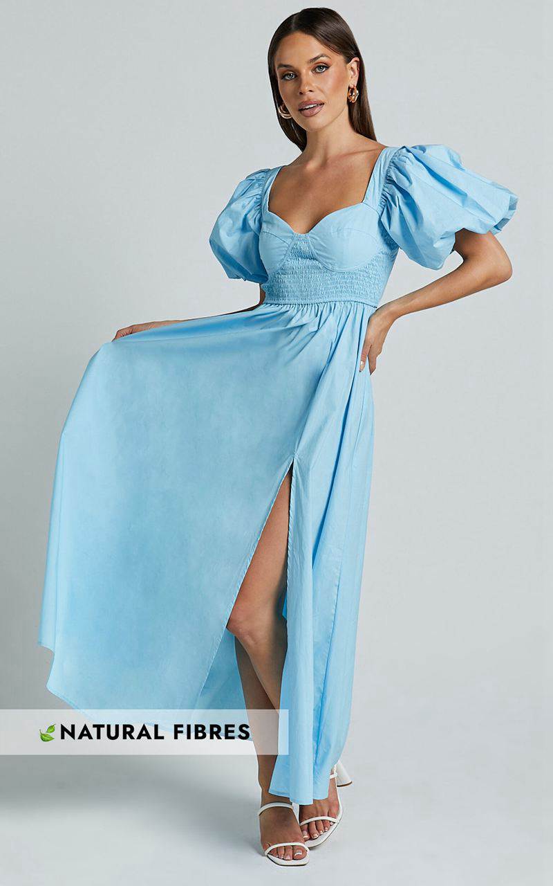 Showpo Raiza Midi Dress - Shirred Waist Puff Sleeve Dress Aqua | PKBEYR327