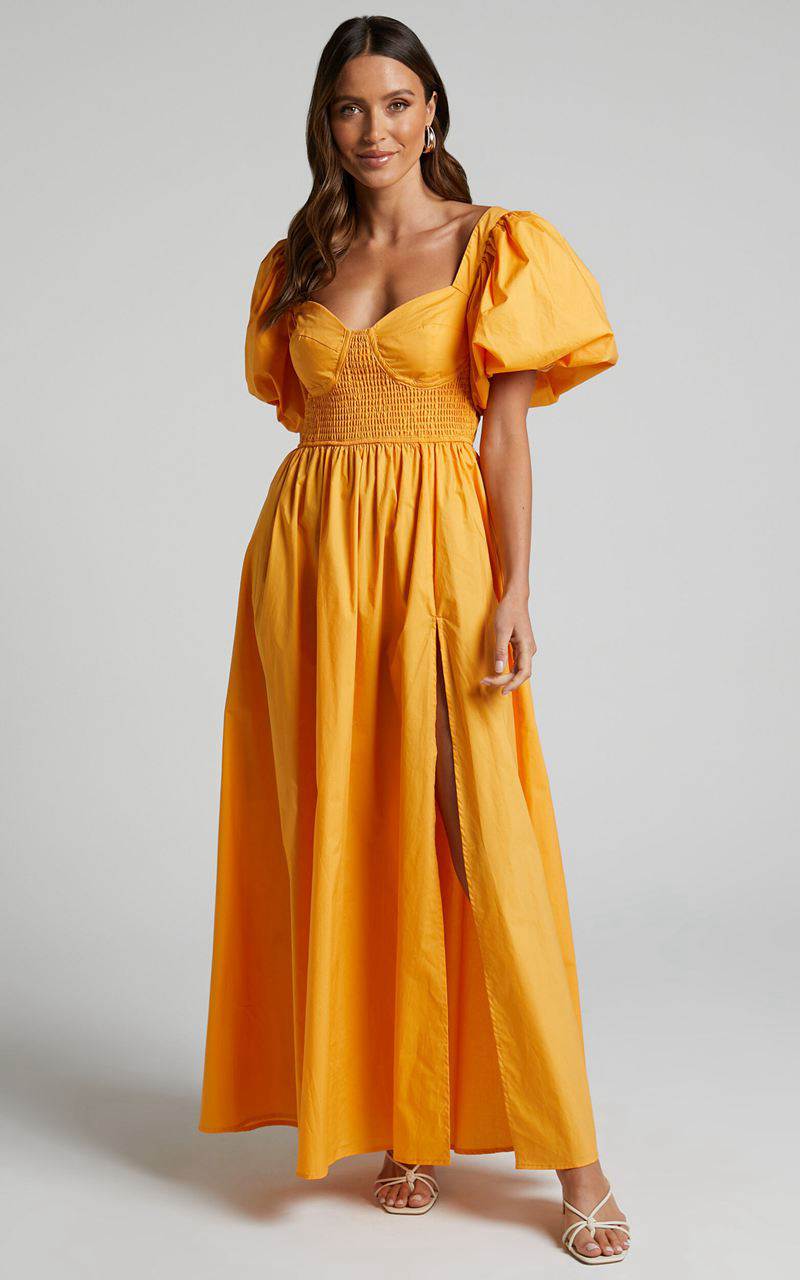 Showpo Raiza Midi Dress - Shirred Waist Puff Sleeve Dress Marigold | BURLWC106