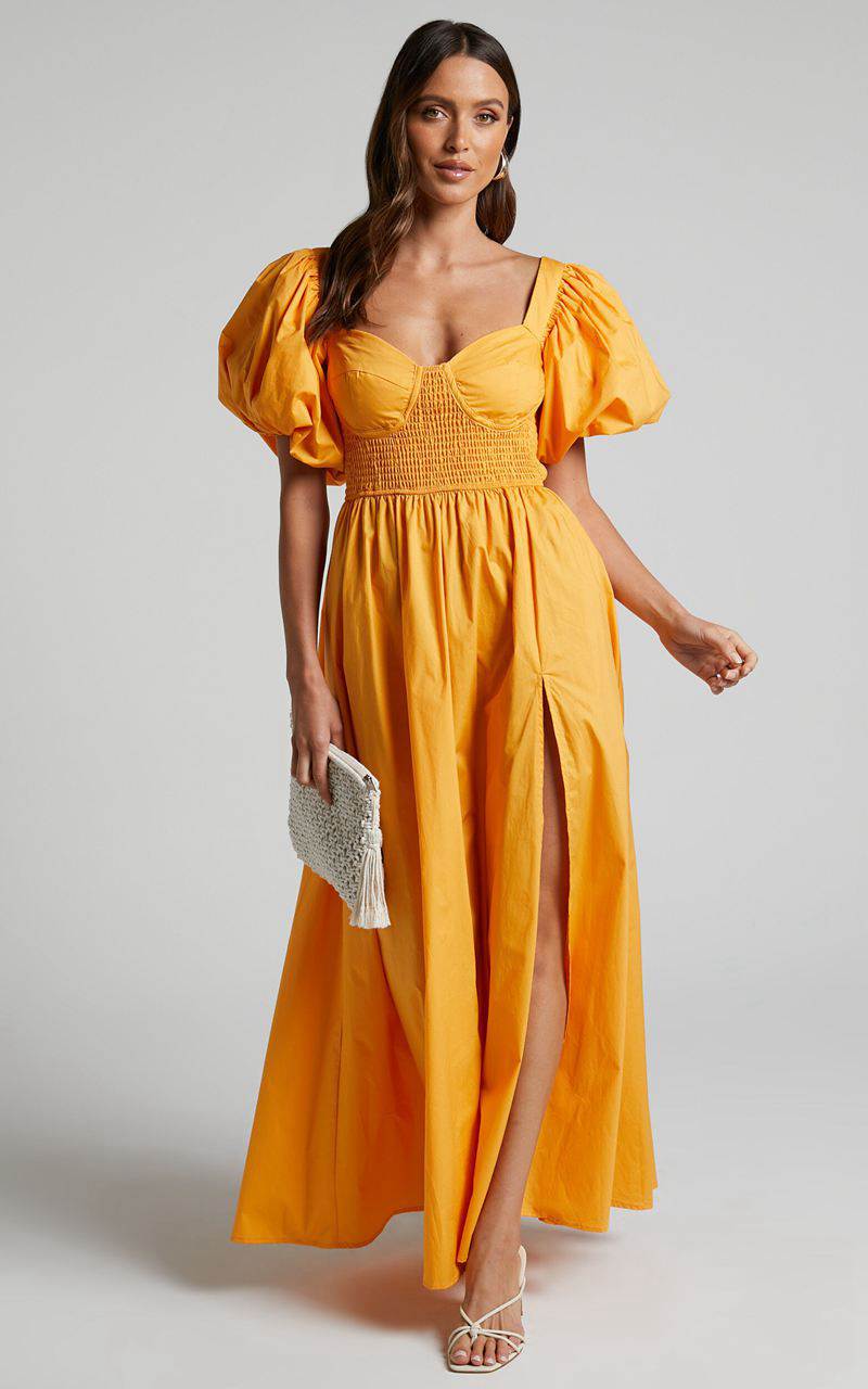 Showpo Raiza Midi Dress - Shirred Waist Puff Sleeve Dress Marigold | BURLWC106