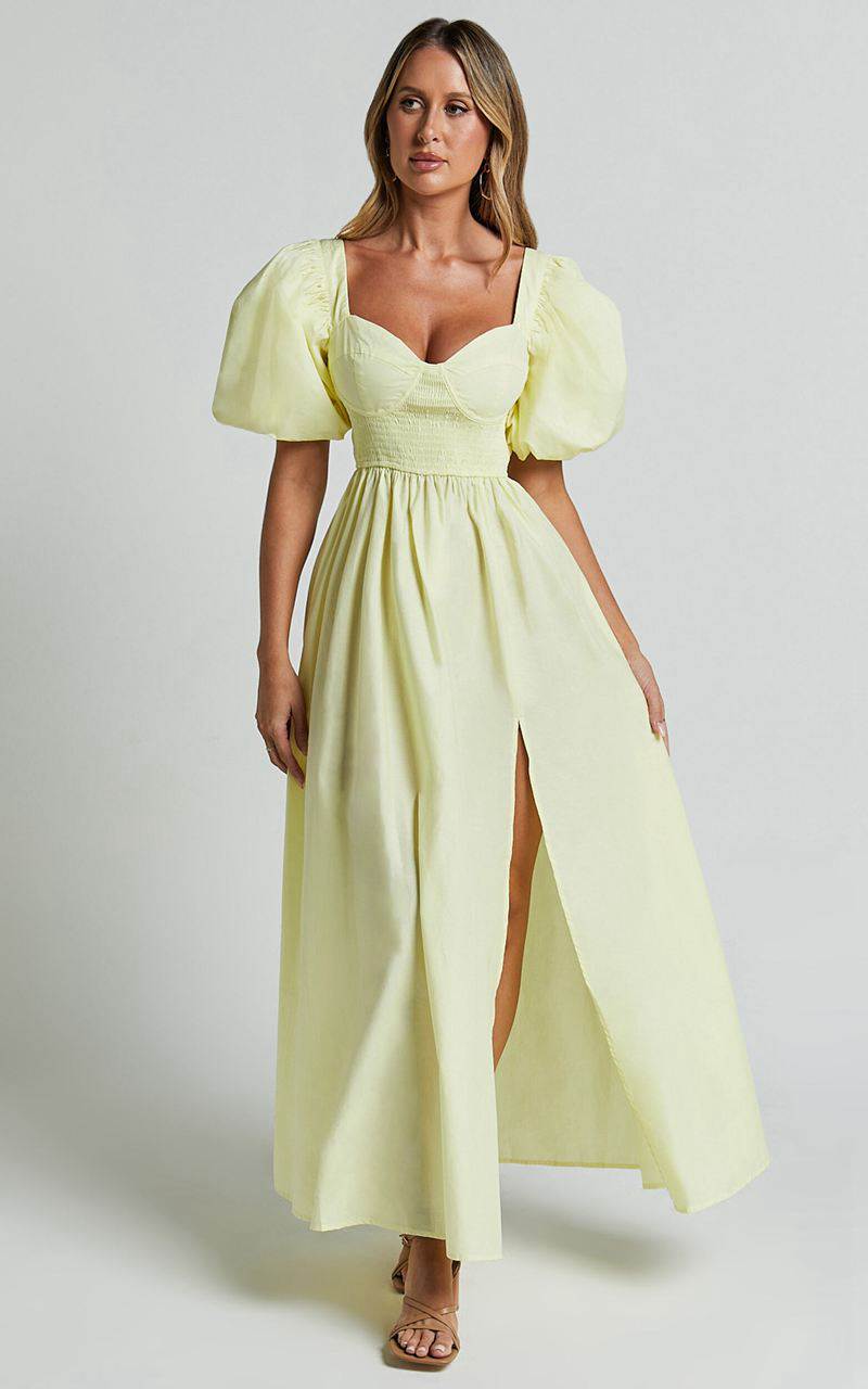 Showpo Raiza Midi Dress - Shirred Waist Puff Sleeve Dress Lemon | SWDALH109