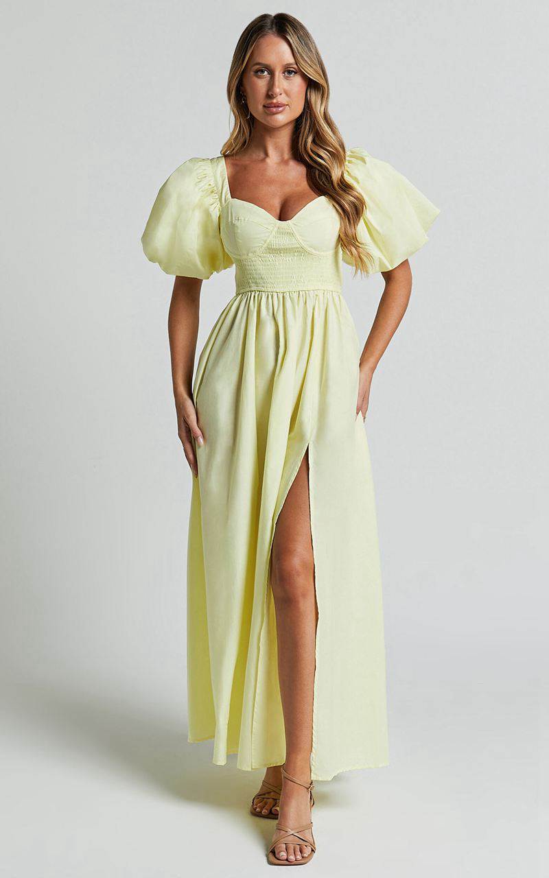 Showpo Raiza Midi Dress - Shirred Waist Puff Sleeve Dress Lemon | SWDALH109