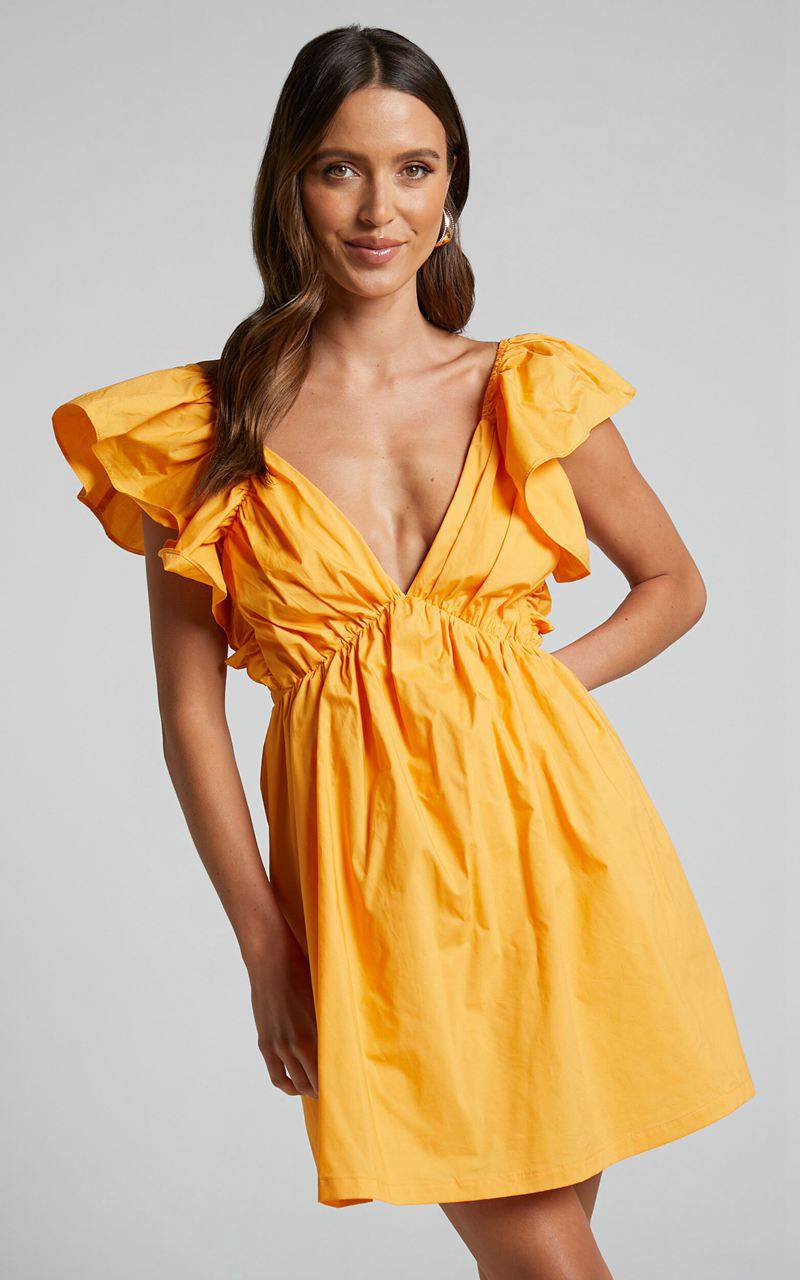 Showpo Raiza Mini Dress - Ruffle Sleeve Tie Back Plunge Dress Marigold | WXVIHK061