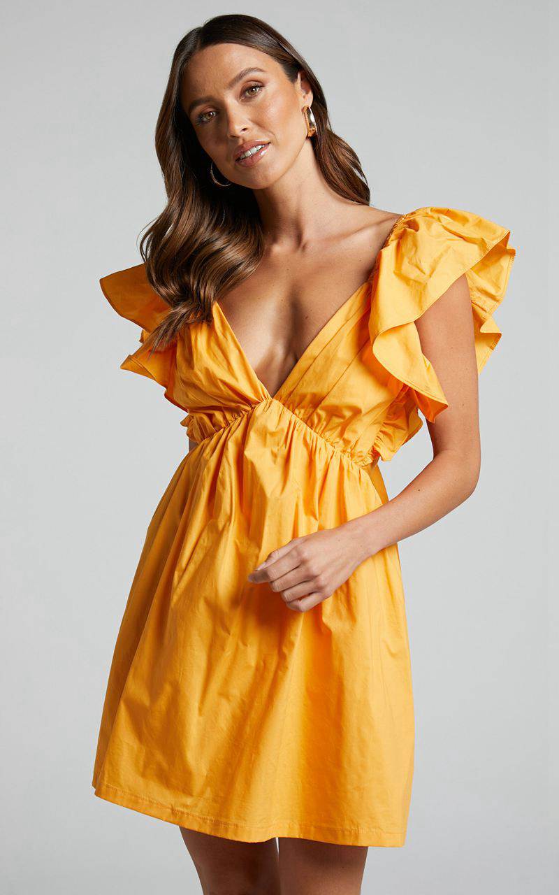 Showpo Raiza Mini Dress - Ruffle Sleeve Tie Back Plunge Dress Marigold | WXVIHK061